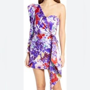 Lavish Alice - Satin Mix Puff Sleeve Mini Dress in Purple Floral